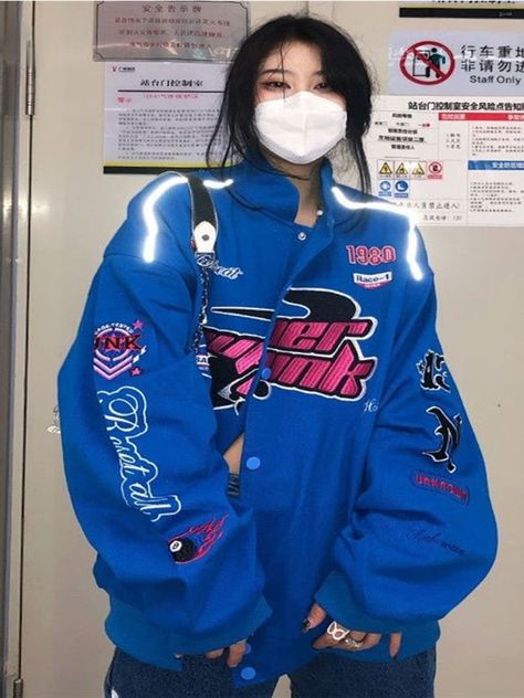 DETAILSType: Zip-upThickness: StandardMaterial: PolyesterFit Type: LooseReflectiveElasticity: Slight StrechDecoration: EmbroideryCollar: O-Neck Varsity Jacket Women, Alt Clothes, American Racing, Racing Jacket, Racing Suit, 90s Streetwear, Coat Winter, Hem Design, Baseball Jacket