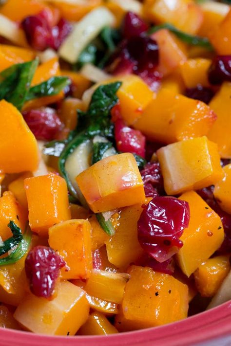 Roasted Butternut Squash with Cranberries, Greens and Apples Butternut Squash And Apple Recipes, Cranberries Thanksgiving, Butternut Squash With Cranberries, Recipes Apples, Side Veggies, Rosemary Pecans, Thanksgiving Healthy, Butternut Squash Spinach, Butternut Squash Recipes Roasted