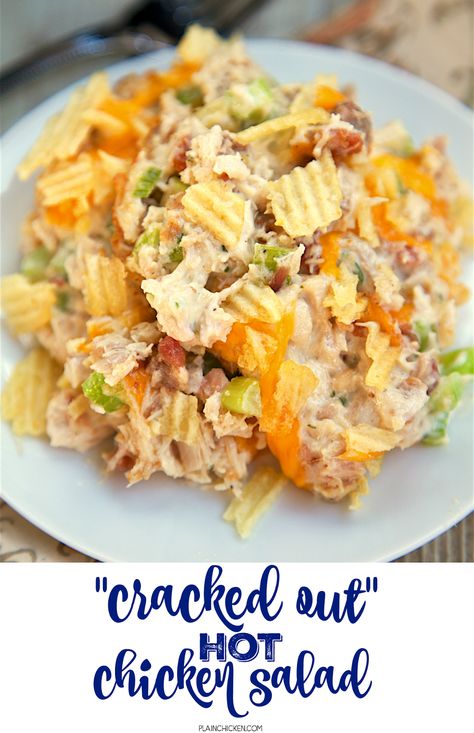 "Cracked Out" Hot Chicken Salad - baked chicken salad loaded with cheddar, bacon and ranch! Chicken, mayonnaise, celery, lemon juice, cheddar cheese, worcestershire, bacon, ranch dressing mix, potato chips. SOOO good! Can make ahead of time and refrigerate until ready to serve. Great for a quick brunch, lunch or dinner. Baked Chicken Salad, Chicken Mayonnaise, Hot Chicken Salad, Hot Chicken Salads, Cracked Out, Queso Cheddar, Ranch Dressing Mix, Ranch Chicken, Hot Chicken