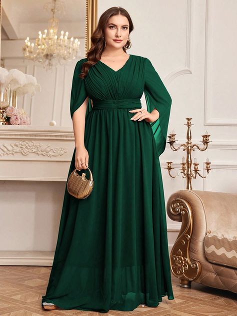 Plus Size Heavyweight Evening Dress Dark Green Elegant  Short Sleeve Chiffon Plain A Line Non-Stretch  Women Plus Clothing, size features are:Bust: ,Length: ,Sleeve Length: Velvet Dresses Plus Size, Dark Green Bridesmaid Dresses Plus Size, Plus Size Semi Formal Dress, Gold Gala Dress, Natural Wardrobe, Formal Dresses Plus Size, Dark Green Bridesmaid Dress, Cape Sleeve Dress, Gala Dress