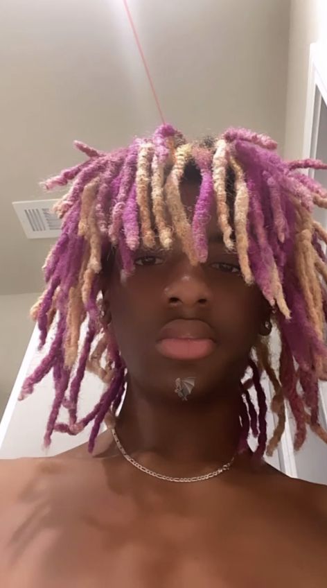 #black men #locs #dreadlocs #coloredlocs Dread Hair Dye Ideas, Male Dyed Locs, Dread Color Combos, Blue Locs Men, Purple And Blonde Locs, Multicolored Locs, Purple Dreads Men, Dreads Color Ideas Locs Men, Colored Locs Men