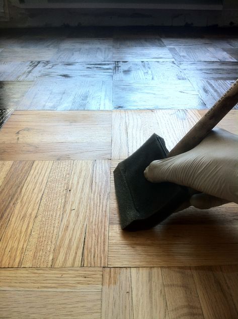 Image Parkay Flooring, Alaska House, Flooring Parquet, Nyc Apt, Wood Parquet Flooring, Parquet Floors, Floor Stain, Refinishing Floors, Wood Parquet