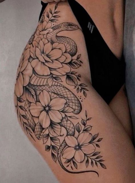 Butterfly Flower Tattoo Thigh, Tatoos Woman Thigh, Large Female Tattoos, Tattoo Ideas Female Thigh Flowers, Women’s Tattoo Ideas Hip, Snake Thigh Tattoo Women, Big Piece Tattoos Women, Side Thigh Tattoos Women Baddie, Outer Thigh Tattoos Women