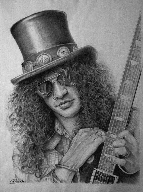 Slash Musician Art, Rock N Roll Art, Celebrity Drawings, Music Artwork, Musical Art, Pencil Portrait, A Pencil, Celebrity Art, Caricatures