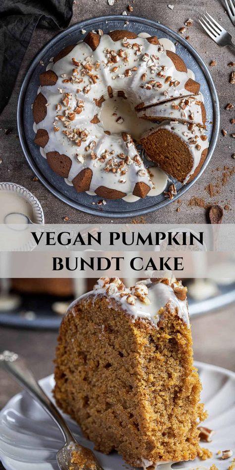 Vegan pumpkin bundt cake - this easy vegan pumpkin spice cake topped with maple glaze is soft, moist and utterly delicious. It is full of warming Fall flavours and is a perfect cake for celebrations. Eggless and dairy-free. Autumn Vegan Desserts, Egg Free Bundt Cake, Vegan Pumpkin Spice Cake, Dairy Free Pumpkin Cake, Vegan Spice Cake, Vegan Pumpkin Dessert, Vegan Bundt Cake, Vegan Pound Cake, Pumpkin Bundt Cake Recipes