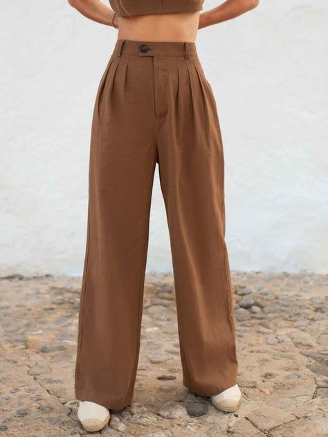 Free Returns ✓ Free Shipping On Orders $49+ ✓. SHEIN Solid Fold Pleated Pants- Women Suit Pants at SHEIN. Therapist Outfit, Women Suit Pants, Closet Model, Women Suits, Slacks For Women, Square Pants, Belted Pants, Flowy Pants, Pleated Trousers