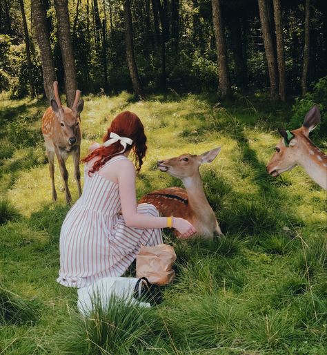 Ginger girl, like a fairytale, feeding animals, wild animals, cottage core aesthetic, forest aesthetic Girl With Animals Aesthetic, Animal Girl Aesthetic, Wild Girl Aesthetic, Wild Woman Aesthetic, Animal Goddess, Girl With Animals, Cottage Core Girl, Feeding Animals, Red Hair Girl