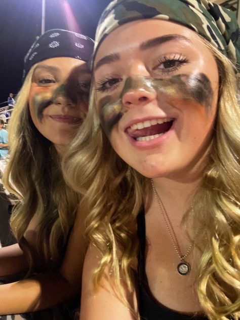 Hoco Football Game Face Paint, Black Out Face Paint Football Game, Eye Black Football Game, Camo Face Paint Football Game, Camo Night Football Theme, Camo Fnl Theme, Highschool Football Game Face Paint, Spirit Makeup Football, Game Day Face Paint Cheer