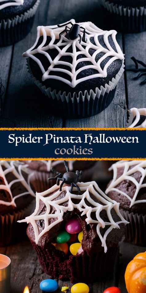 Spider Piñata Halloween Cupcakes: A Spooky Surprise Inside Piñata Halloween, Pinata Cupcakes, Halloween Pinata, White Food Coloring, Cherry Dump Cake, Peach Dump Cake, Dump Cake Pumpkin, Black Fondant, Spider Decorations