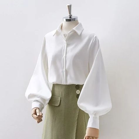 Fashion Button Up Shirt, Elegant White Blouse, Pola Lengan, Women Chiffon Blouse, Lantern Sleeved Blouses, Women White Blouse, Straight Clothes, Elegant Blouses, Elegant Shirt