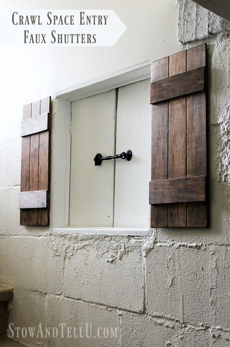 crawl-space-entry-faux-shutters|stowandtellu Wall Covering Ideas, Crawl Space Door, Basement Stairway, Concrete Basement Walls, Basement Stairs Ideas, Entryway Makeover, Cinder Block Walls, Basement Laundry Room, Basement Laundry