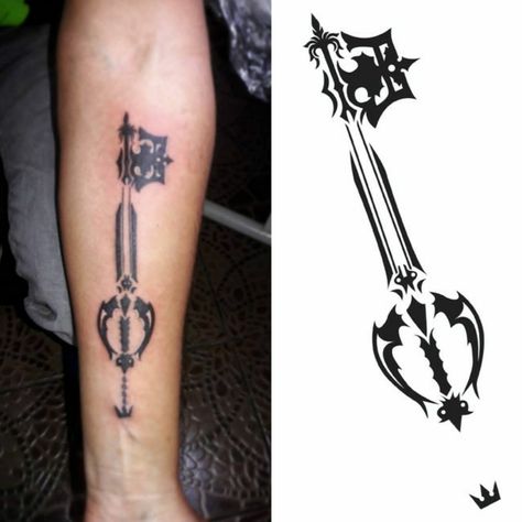 Oblivion Keyblade Arm Tattoo Oblivion Keyblade Tattoo, Oblivion Tattoo, Oblivion Keyblade, Keyblade Tattoo, Kingdom Hearts Tattoo, Forearm Tattoo Quotes, Blade Tattoo, Hearts Tattoo, Libra Tattoo