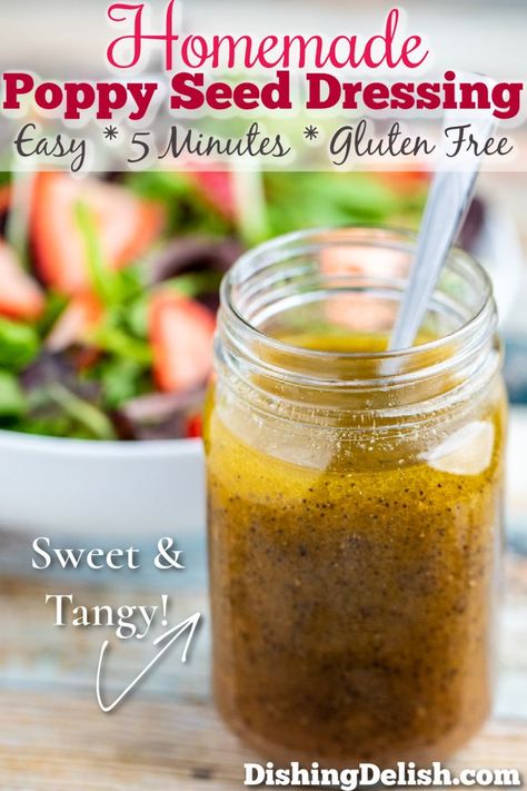 Poppy Seed Dressing is sweet and tangy, made with olive oil, vinegar, spices, sugar, and poppy seeds with a splash of orange juice. It’s the perfect dressing for summer salads, and goes great with strawberries! #poppyseed #saladdressing #recipe #summer #spring #glutenfree #poppyseeddressing Poppy Seed Salad Dressing, Poppyseed Dressing Recipe, Poppyseed Salad Dressing, Sweet Salad Dressings, Poppy Seed Salad, Salad Strawberry, Salad Appetizer Cups, Seed Salad, Poppyseed Dressing