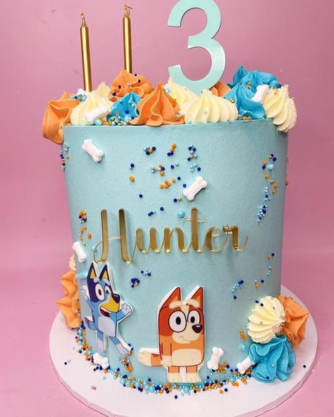 Bluey Cake Buttercream, 3 Year Birthday Bluey, Bluey Cake Ideas 2nd Birthday, Bluey Smash Cake Boys, Bluey Cake Two Tier, Bluey Cake Ideas Birthday Boy, 3 Tier Bluey Cake, Bluey Birthday Cake For Boys, Bluey Birthday Party Cake