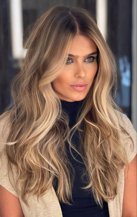 Small Hair Changes, Carmel Blonde Balayage On Dark Hair, Beige Bayalage Brunette, Long Hair Color 2024, Warm Bronde Balayage With Money Piece, Caramel Beige Hair, Bayalage Blonde 2024, Warmer Blonde Hair, Caramel Blonde Balayage On Dark Hair