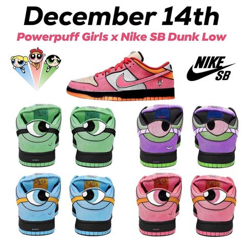 Check out the semi official color block of the upcoming PowerPuff Girls x Nike SB, releasing on December 14th in three colorways (purple… | Instagram Powerpuff Dunks Outfit, Power Puff Dunks, Nike Sb Powerpuff, Nike Dunks Colors, Powerpuff Dunks, Shoe Plug, Super Power Girl, Dunks Shoes, Purple Instagram