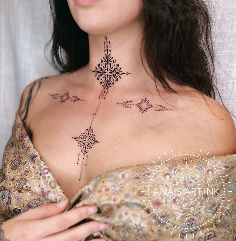 Tattoo ornamental on chest and throat , feminine , fine line work Ornamental Collarbone Tattoo, Ornamental Throat Tattoo, Fine Line Chest Tattoo, Fine Line Ornamental Tattoo, Ornamental Neck Tattoo, Ornamental Chest Tattoo, Ornaments Tattoo, Flash Ideas, Throat Tattoo