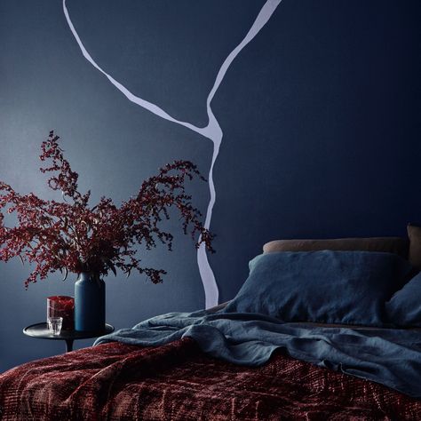 Are you as in love with the dark and moody paint trend? We love this pairing of an inky blue with deep red fabrics. #paint #darkinteriors #bedroom #realhomes Pink And Marble Bedroom, Brass Bedroom, Crown Paints, Choosing Paint Colours, Decoration For Ganpati, Choosing Paint, Perfect Paint Color, Midnight Garden, Bedroom Red