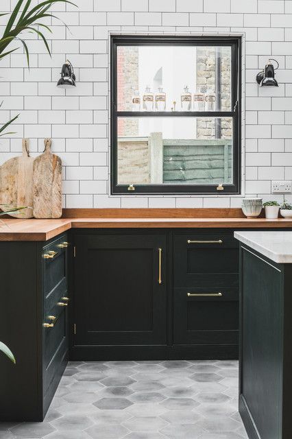 Industrial Dark Green Kitchen with a Vintage Twist - Industrial - Kitchen - London - by Sustainable Kitchens | Houzz UK Green Shaker Kitchen, Green Kitchen Designs, Dark Green Kitchen, Light Floors, Green Kitchen Cabinets, London Kitchen, Sustainable Kitchen, Kitchen Wall Tiles, Shaker Kitchen