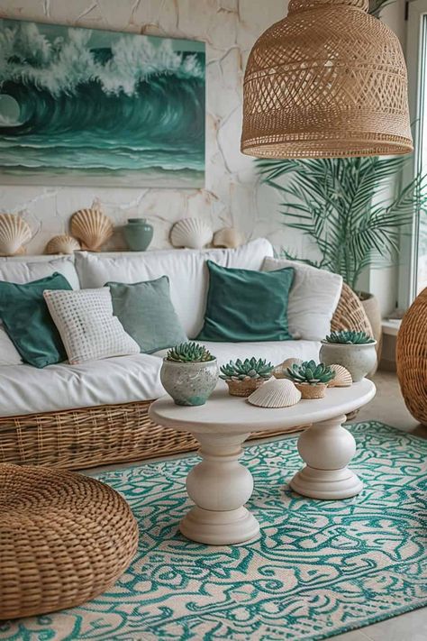 15 Beachy Living Room Ideas to Bring Coastal Vibes Home | Green Snooze Green Coastal Living Room, Boho Beach Living Room, Beachy Living Room Ideas, Chic Coastal Decor, Coastal Apartment Decor, Coastal Living Rooms Ideas, Coastal Bedroom Aesthetic, Beachy Living Room, Santorini House