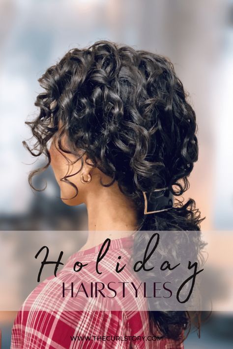 Easy Curly Hairstyle for the Holidays - Low Ponytail with Barrette Curly Hairstyles For Cocktail Party, Curly Hair With Bangs Hairstyles Half Up, Curly Hair Winter Styles, Holiday Curly Hairstyles, Curly Holiday Hairstyles, Curly Party Hairstyles, Office Hairstyles For Curly Hair, Professional Curly Hairstyles For Work, Curly Hairstyles Updo Easy