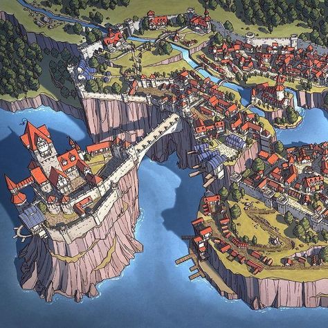 Fantasy Town Layout, City Map Fantasy Art, Fantasy City Medieval, Medieval Town Map, Fantasy City Illustration, Fantasy City Design, Medieval Fantasy Building Concept Art, Fantasy World Building Art, Dnd Town Art