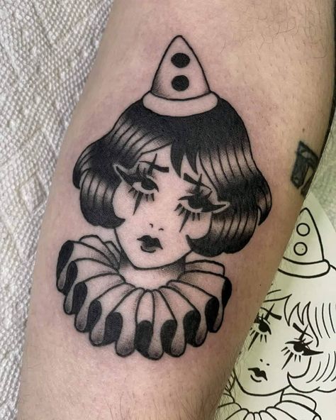 Clown Face Tattoo, Jester Tattoo, Pierrot Clown, Clown Face, Clown Tattoo, Theme Tattoo, Doodle Tattoo, Spooky Tattoos, Gothic Tattoo