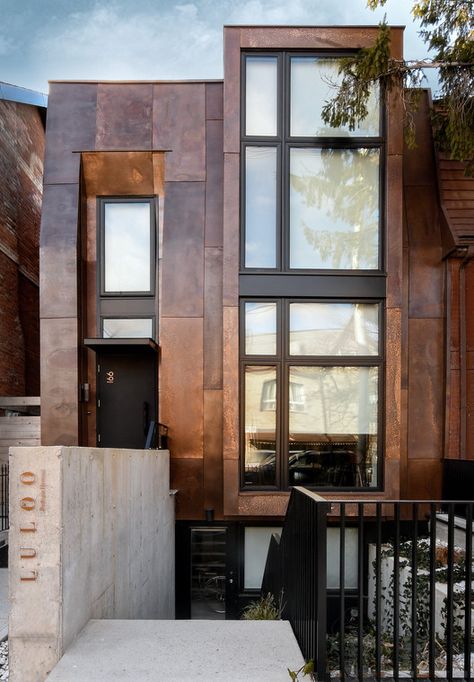 Copper In Architecture, Copper House, House Front Door Design, Copper Interior, Apartment Exterior, Metal Cladding, House Design Exterior, Copper Design, Brick Architecture