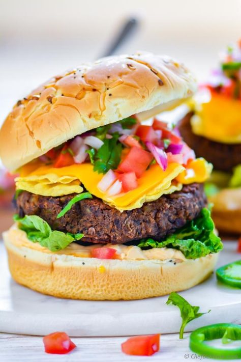 Nacho Cheese Crunch Black Bean Burger Recipe | ChefDeHome.com Nacho Burger Recipes, Spicy Black Bean Burgers, Burger Sliders Recipes, Bean Patties, Bean Burger Recipe, Black Bean Patties, Black Bean Burger Recipe, Black Bean Burger, Burger Patties