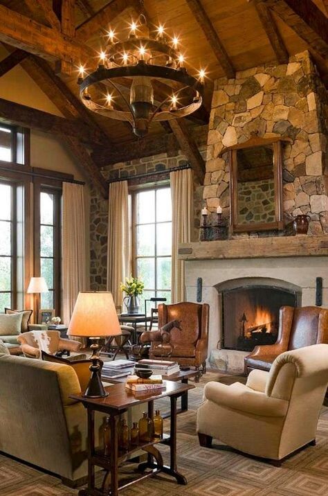 texas hill country decor Stone Fireplace Designs, Furnitur Ruang Keluarga, Leather Living Room Furniture, Living Room Decor Rustic, Cabin Living, Country Decor Rustic, Cozy Fireplace, Rustic Living, Rustic Living Room