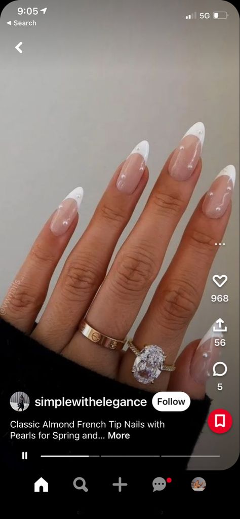 Pearls On French Tip Nails, Pearl Nails With Diamonds, Fancy French Tip Nails Almond, French Tip W Pearls, White France Nails, French Tip Diamond Nails, Diamond French Tip Nails, House Interior Makeover, Bridal Shower Nails