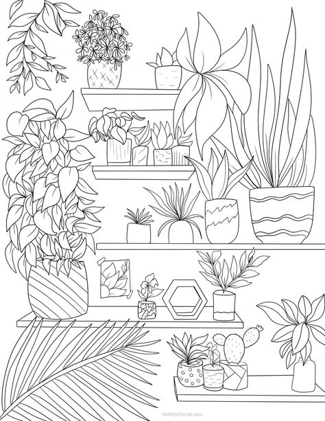 Houseplant Coloring Pages, Adult Colouring Printables Free, Succulent Coloring Page, Coloring Pages Plants, Plant Drawing Ideas, Black Cat Tattoo Ideas, Plants Coloring Pages, Plant Coloring Pages, Black Cat Tattoo