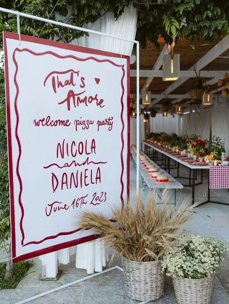 Welcome party decor & styling inspiration ~ for an Italian wedding 🇮🇹 This is how you get the wedding party started! Swipe and save for… | Instagram Rehearsal Dinner Welcome Sign, Pizza Wedding, Italian Dinner Party, Italian Party, Italian Theme, Welcome Party, Pizza Party, Welcome To The Party, Wedding Mood Board