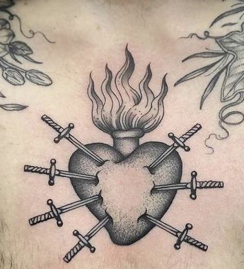 Seven Sorrows Of Mary Tattoo, Heart Swords Tattoo, Heart Swords Tattoo Ideas, Secret Heart Tattoo, Enochian Tattoo, Heart With Swords Tattoo, Catholic Tattoos, Sacred Heart Tattoos, 7 Tattoo