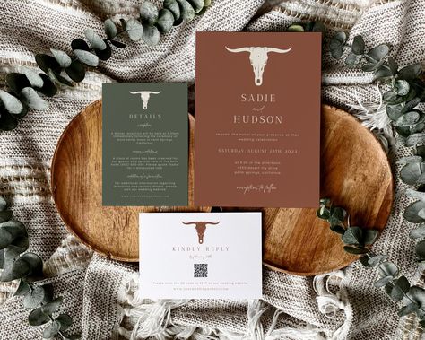 "This western terracotta wedding invitation suite is an easy-to-edit template that can be personalized right from your home using any computer or mobile device. Designed with a desert & boho theme, shades of burnt orange & olive green create the perfect wedding invitation set to send your guests PRODUCT DETAILS ○Invitation bundle includes 3 editable & printable templates: *One 5\"x7\" terracotta/rust/copper wedding invitation *One 3.5\"x5\" olive/moss/forest green details card *One 5\"x3.5\" whi Boho Burnt Orange Wedding, Rust Wedding Invitation, Copper Wedding Invitations, Terracotta Wedding Invitation, Western Invitations, Burnt Orange Wedding, Rust Wedding, Rusting Wedding, Olive Wedding