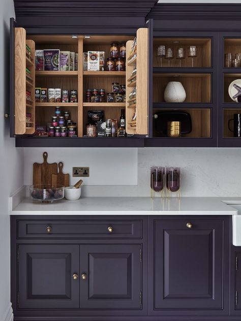 Zeroscaping Front Yard, Styling Open Shelves, Cozy College Dorm, Purple Kitchen Cabinets, Tom Howley Kitchens, Tom Howley, Classic Kitchen Design, Purple Kitchen, Beautiful Kitchen Designs