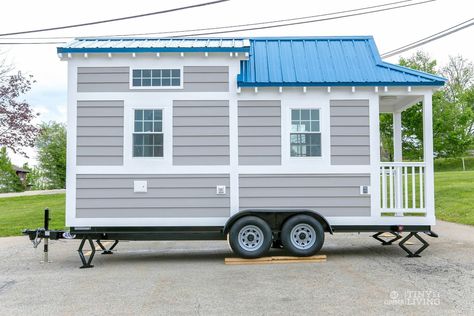 Blue Roof House, Tiny House Wood Stove, Jj House, Composite Siding, Grey Siding, Tiny House Big Living, Tiny House Towns, Tiny House Exterior, Roof House