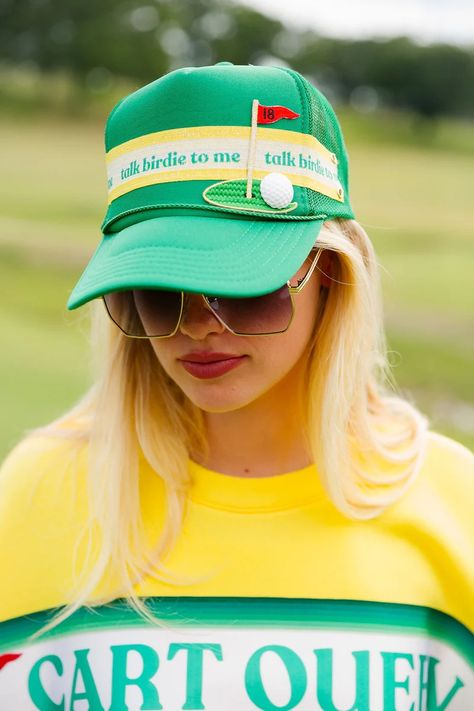 GOLF | Judith March Masters Themed Party Outfit, Masters Themed Party, Green Trucker Hat, Short Sayings, Judith March, Striped Ribbon, Golf Game, Birdy, Classic Looks