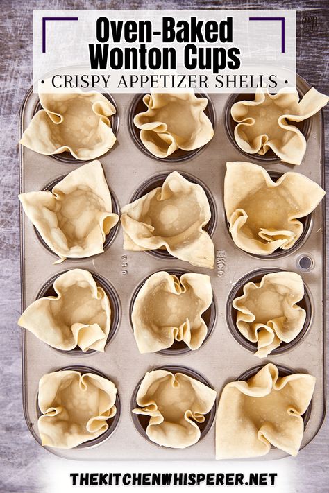 Elevate your appetizer game with crispy baked wonton wrapper cups! Add your favorite fillings for a crowd-pleasing bite of deliciousness! Crispy Baked Wonton Cups: Easy Appetizer For Any Occasion, baked wonton wrappers, crispy appetizer cups, things to make with wonton wrappers, crab rangoons Baked Wonton Chips, Wonton Wrapper Recipes Dessert, Easy Wonton Recipes, Won Ton Chips, Wonton Filling Recipes, Deep Fried Wontons, Lobster Appetizers, Baked Wontons, Appetizer Cups