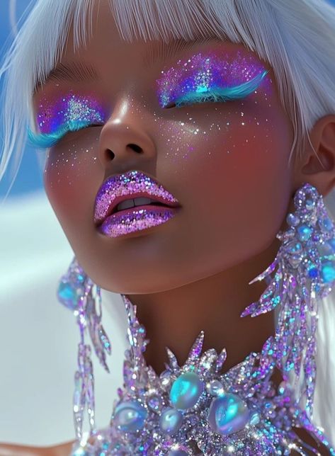 Down Turned Eyes Makeup, Iridescent Makeup Looks, Galactic Makeup, Chunky Glitter Makeup, Exotic Makeup, Apple Watch Wristbands, Festival Outfits Rave, Makeup For Black Skin, Magical Makeup