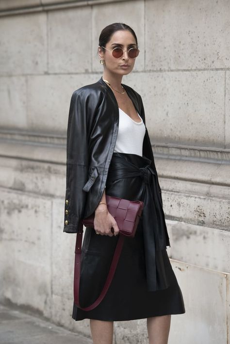 Style a leather-on-leather look with a burgundy Bottega bag. Burgundy Bottega Bag, Bag Street Style, Bottega Bag, Burgundy Bag, Bottega Veneta Bag, Street Style Bags, Mesh Heels, Italian Luxury Brands, New Bottega