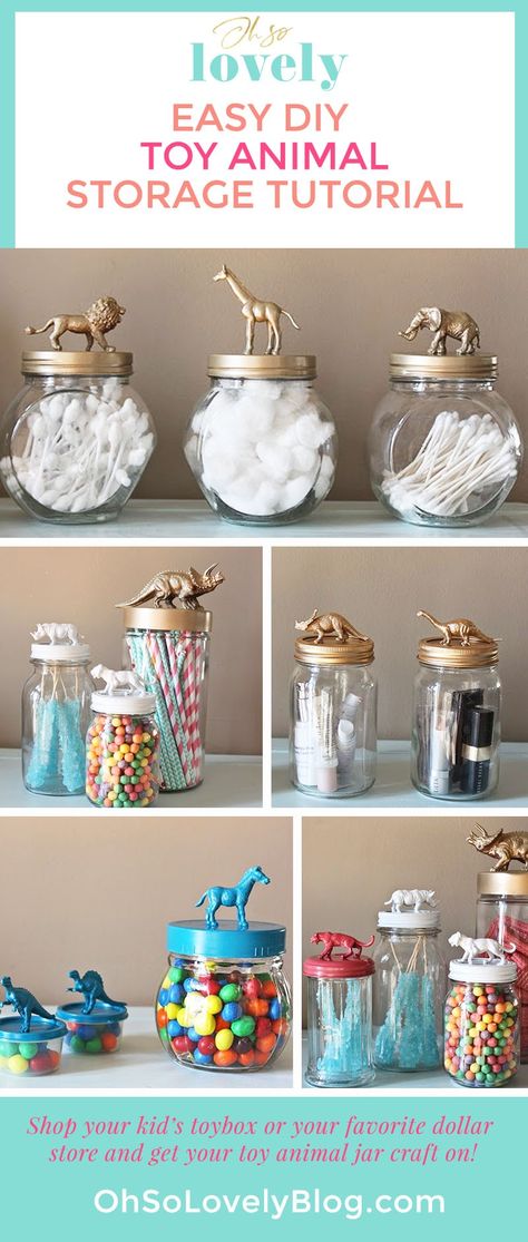 Easy and fun DIY toy animal storage jar (mason jar) tutorial. Raid your kid's toy box or your favorite dollar store and get your craft on! Ideas To Do When Bored, Pickle Jar Crafts, Diy Storage Jars, Easy Mason Jar Crafts Diy, Upcycle Toys, Easy Mason Jar Crafts, Crafts With Glass Jars, Jar Art, Diy Jar Crafts