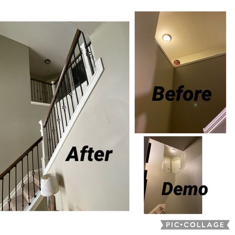 Remove Half Wall Stairs, Remove Pony Wall Stairs, Replacing Pony Wall With Railing, Replace Half Wall With Railing, Under Stairs Design Ideas, Under Stairs Design, Foyer Remodel, Removing Wall, Kitchen Under Stairs