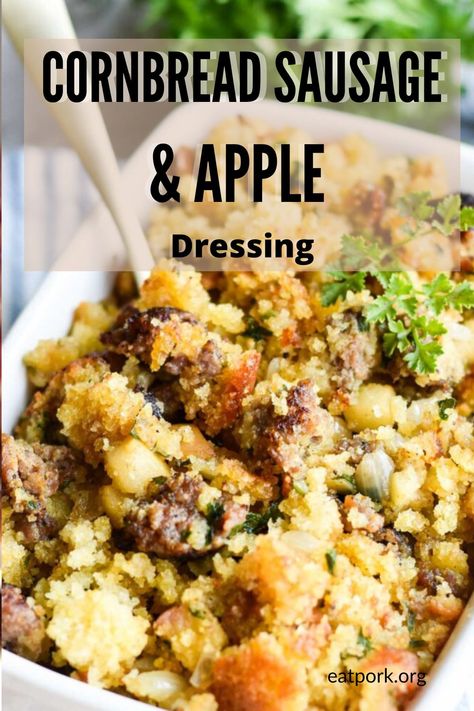 Elevate your holiday table with our Cornbread Sausage and Apple Dressing! This delectable side dish brings together the comforting flavors of savory sausage, moist cornbread, and sweet apple chunks in every bite. It's the perfect accompaniment to your festive feast or weeknight dinner. Give it a try and prepare to be amazed! Find the recipe here: https://www.eatpork.org/cornbread-sausage-apple-dressing/ Cornbread Dressing With Sausage And Apples, Sage Sausage And Apple Dressing, Cornbread Dressing With Sausage, Dressing With Sausage, Apple Dressing, Sausage Cornbread Stuffing, Cornbread Recipe Sweet, Moist Cornbread, Cornbread Casserole