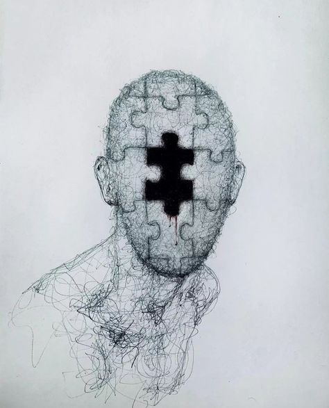 Puzzle Face Drawing, Disassociate Art Sketch, Human Emotions Art, Art With Dark Meaning, Shizopheria Art, Uncomfortable Drawings, Easy Pen Sketches Ideas, Scketch Draws Idea Aesthetic, Motion Blur Drawing