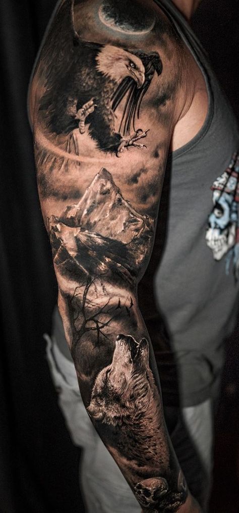 Wolf Tattoos: Meanings, Tattoo Styles & Placement Wolf And Eagle Tattoo, Upper Arm Tattoos For Guys, Eagle Shoulder Tattoo, Natur Tattoo Arm, Bald Eagle Tattoos, Scenery Tattoo, Tattoos Masculinas, Animal Sleeve Tattoo, Nature Tattoo Sleeve