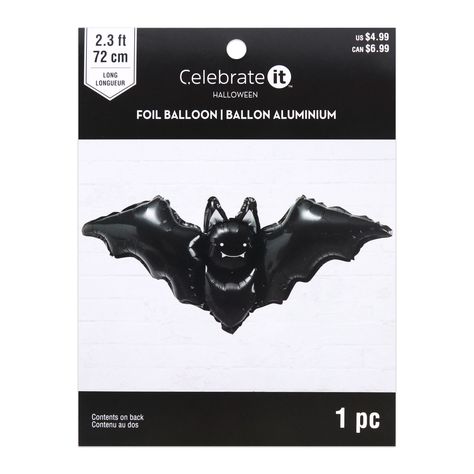 "Buy the Halloween 2.3ft. Black Bat Mylar Balloon by Celebrate It™ at Michaels. Whether you use this to complete your day-of vibes or as a frightful party accent, this will be sure to make a great addition to your spooky season décor. Complete your spooky aesthetic this Halloween with this bat balloon from Celebrate It! Whether you use this to complete your day-of vibes or as a frightful party accent, this will be sure to make a great addition to your spooky season décor. Pair with our other Halloween pieces to create something really frightening! Details: Black bat 28.4\" x 13\" (72.3cm x 33cm) overall balloon size Included straw and foil baloon Mylar and paper Inflate with air only. Do not over inflate Suitable for indoor use | Halloween 2.3Ft Black Bat Mylar Balloon by Celebrate It™ | 2 Bat Balloon, Spooky Aesthetic, Halloween Baking, Baking Party, Halloween Party Supplies, Halloween 2, Black Bat, Mylar Balloons, Holiday Birthday