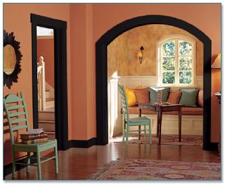 black trim painting home decor | CertaPro Painters Interior Paint Color Inspirations – CertaPro ... House Interior Black, Black Trim Interior, Interior Door Colors, Dark Wood Trim, Paint Color Inspiration, Wallpaper Interior, Retro Interior, Dark Interiors, Interior Paint Colors