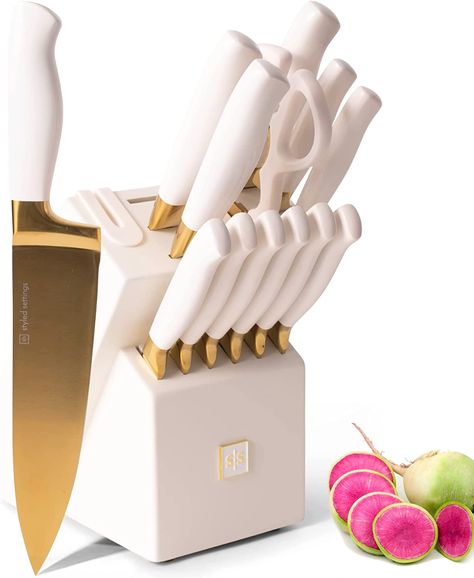 Amazon.com: White and Gold Knife Set with Block Self Sharpening - 14 PC Titanium Coated Gold and White Kitchen Knife Set and White Knife Block with Sharpener, White and Gold Kitchen Accessories and Decor : Tools & Home Improvement White Kitchen Knife Set, Gold Knife Set, White And Gold Kitchen, Gold Kitchen Utensils, White Kitchen Utensils, Gold Utensils, Gold Knife, Gold Kitchen Accessories, Off White Kitchens