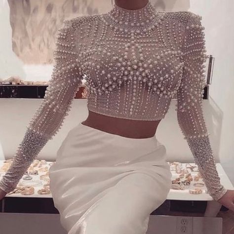 Nue Perla Top Beaded Top Outfit, Outfit With Pearls, Nude Crop Top, Pearl Outfit, Small Party, Pearl Decorations, Women Blouses Fashion, Designer Top, Beaded Top